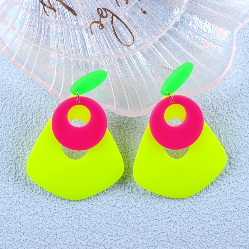 2pcs Geometric Color-Block Long Acrylic Drop Earrings